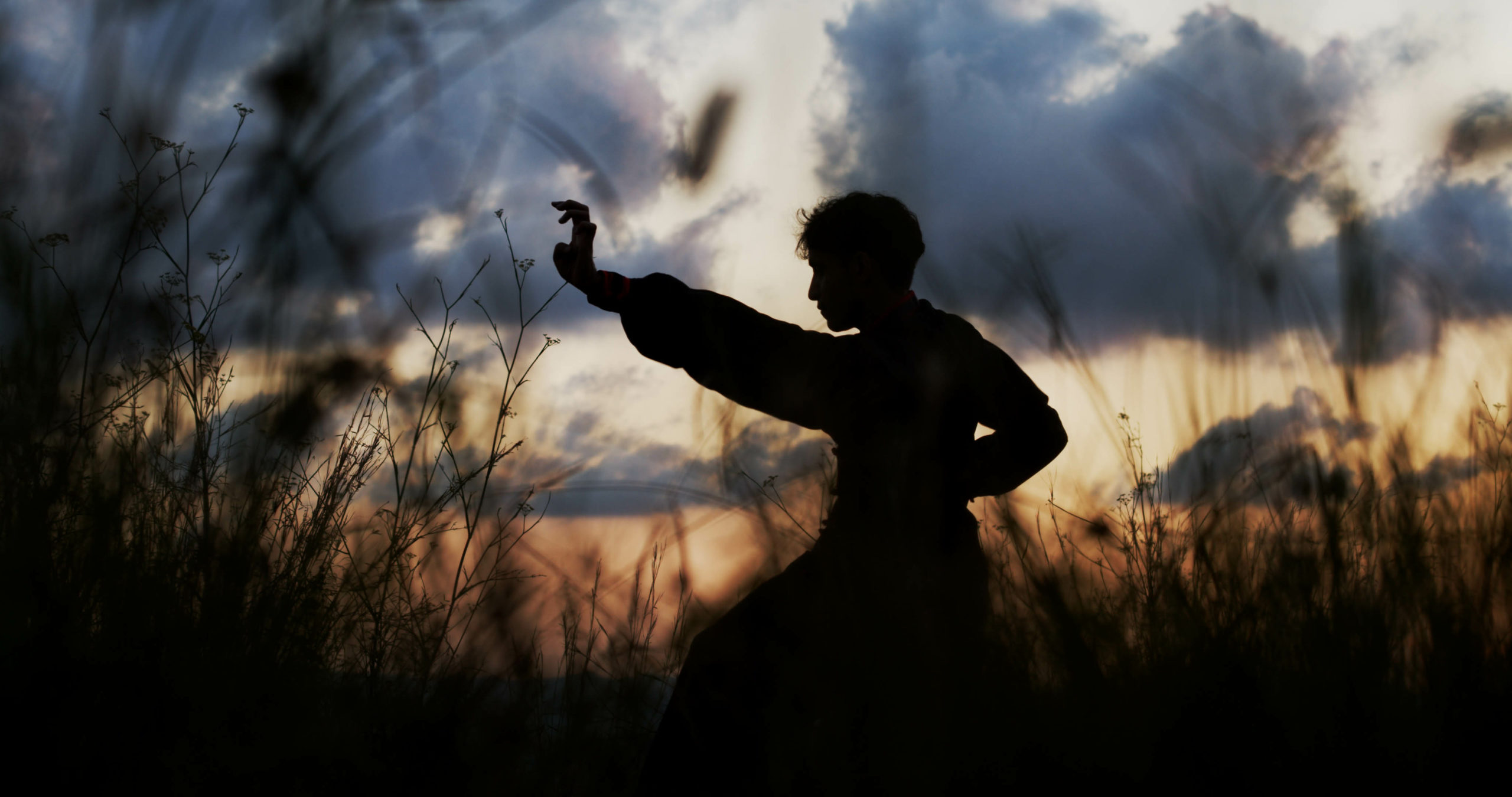 Silhouette of a man practicing martial arts on a sunset. Kung Fu